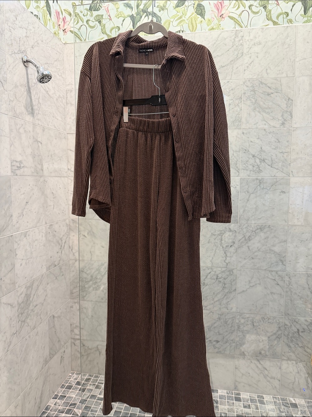 Fashion Nova Brown Ribbed Wide-Leg Jumpsuit Set